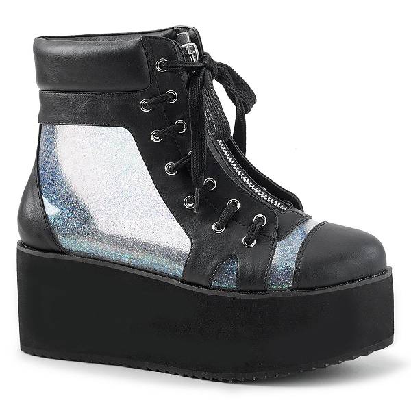 Demonia Women's Grip-102 Platform Boots - Black Vegan Leather/Clear Hologram TFaux Leather D6854-13US Clearance